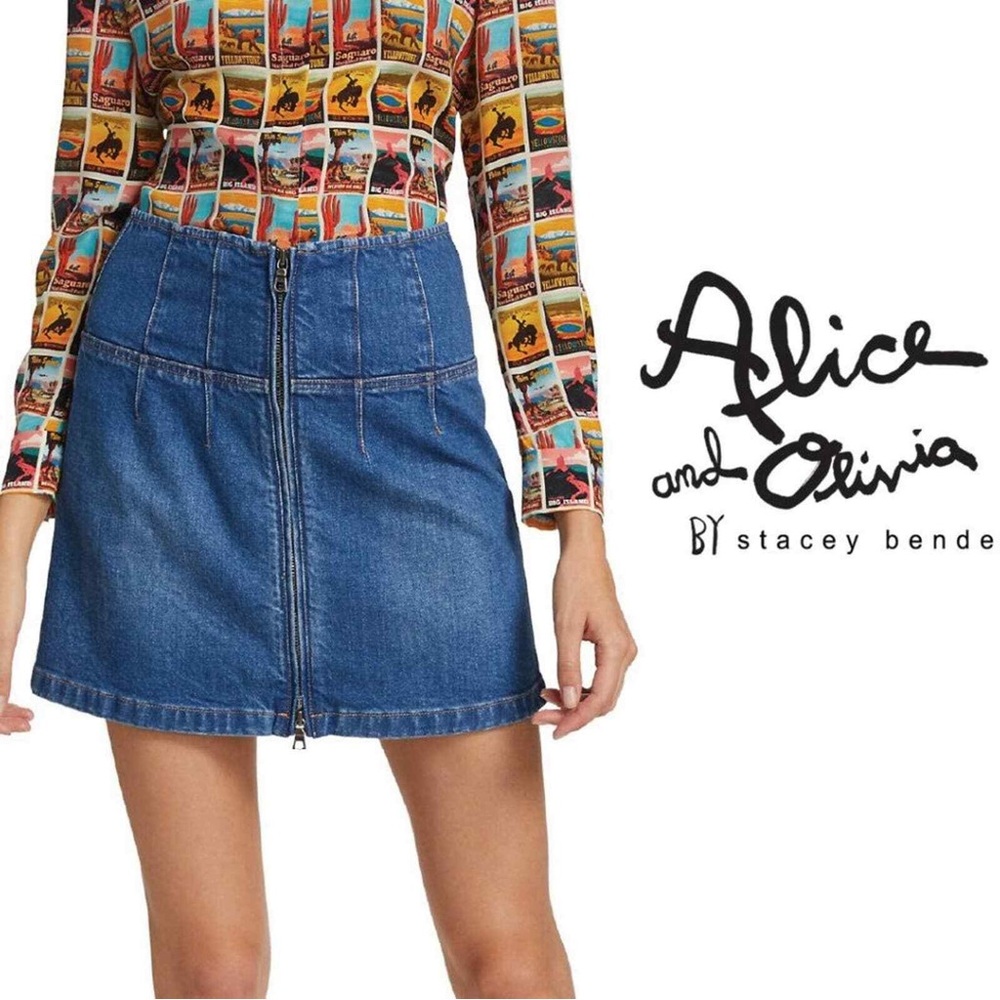 Alice + Olivia Paxton high rise blue denim zipper mini skirt, 31
